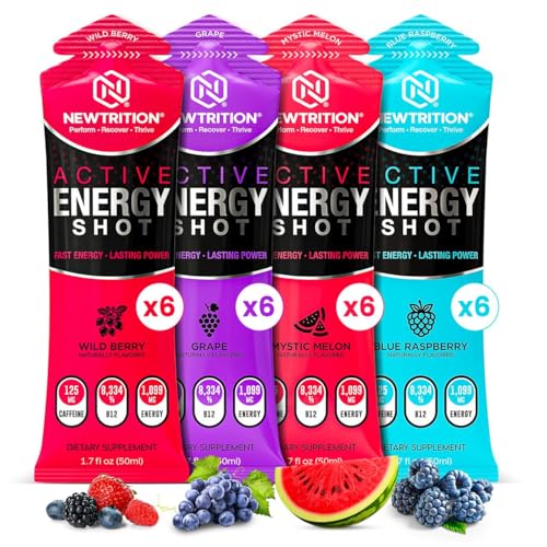 NewTrition® Active Energy Shots Regular Strength - 125mg Smooth Sugar-Free Caffeine shots for Daily Focus & Clarity with B12, Taurine & Amino Blend - Daily Clean 5 hr Energy Shot, 1.7 fl oz Pouches (Variety Pack) (Mixed1-24ct)