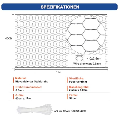 BOAOTX Alambre para conejos, 0,4 x 12 m, alambre para gallinas, rejilla galvanizada, malla fina, malla de alambre de alambre ligero, para cercas de animales, proyectos de jardín y bricolaje - imagen 2