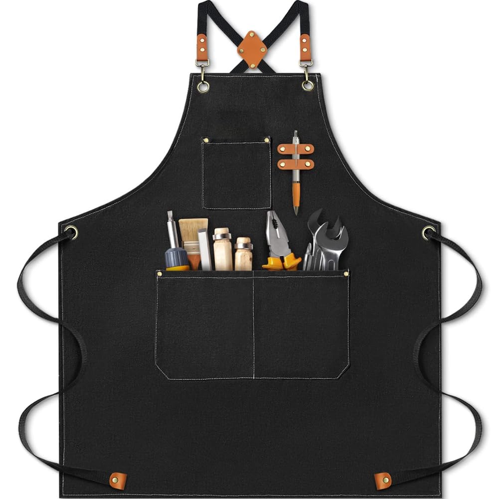 CTRLZS Chef Apron For Men Heavy Duty Cotton Canvas Apron Back Apron With Adjustable Straps And Pockets Black