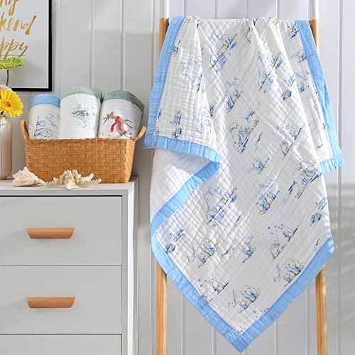 Image of Jay & Ava Baby Muslin Blankets 42' x 42', Soft Cotton Blanket for Toddler Boy, 4 Layers Bed Muslin Throw for Crib, Large Receiving Blanket - Blue Polar Bear