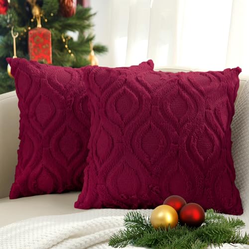 Image of decorUhome Fall Throw Pillow Covers 16x16 Inch Set of 2, Soft Plush Faux Wool Burgundy Solid Couch Pillow Covers, Accent Farmhouse Neutral Square Pillow Cases for Sofa Bed Living Room