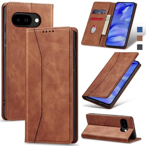 Image of Jasonyu Flip Wallet Case for Google Pixel 9A,Leather Magnetic Folio Cover with Card Holder,Kickstand - TPU Shockproof Durable Protective Phone Case,Brown