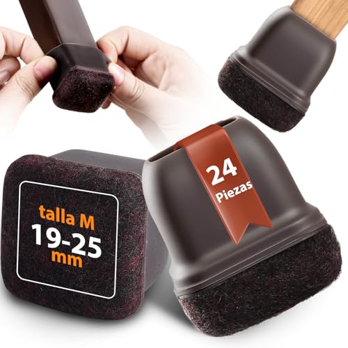 Seaforie 24 fundas cuadradas para patas de silla, 19-25 mm, con fieltro de 360 ° y diámetro ajustable para tapas protectoras, antideslizantes, lavables, color marrón oscuro