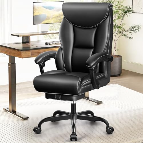 Office Chair, Executive Leather Chair Big and Tall Ergonomic Computer Desk Chair, Comfy Swivel Rolling Reclining Lumbar Support Task Chair with Adjustable High Back Foot Rest for Home Gaming