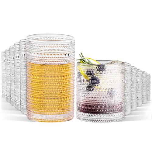 GOROGILE Hobnail Drinking Glasses Set of 12, 12 oz Highball Glassware & 10 oz Cocktail Glasses, Vintage Embossed Beaded Glass Cups for Kitchen,Beer,Soda, Whiskey,and Beverages,Dishwasher Safe