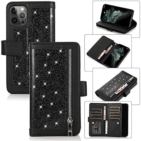 EYZUTAK Wallet Case Compatible with iPhone 12 mini 5.4 inch 2020,Magnetic Handbag Zipper Pocket PU Leather Flip with 9 Card Slots and Wrist Strap Folio TPU Inner Stand Case - Black Cover