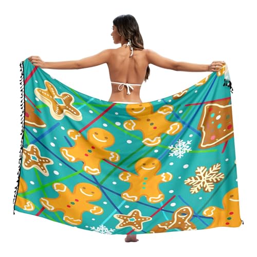 RPLIFE Lindo pareo de pan de jengibre para hombre, color verde, para trajes de baño, pareo con flecos para verano, playa/piscina, grande, Cute Gingerbread Men Green, M