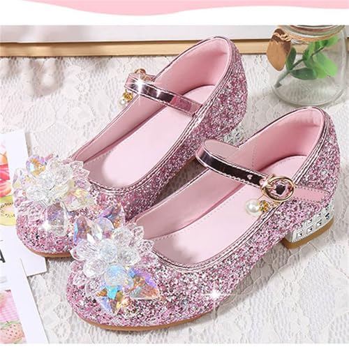 Girls High Heels Glitter Mary Jane Shoes with Flower Charm | Glitter finish flower jewel pearl strap and low heel bring a festive look to parties and recitals Pink Size 9 - image 6