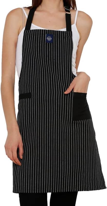 Encasa Homes Kitchen Apron for Women with Pockets & Towel Holder | Classic Butcher Stripes Black - 100% Cotton