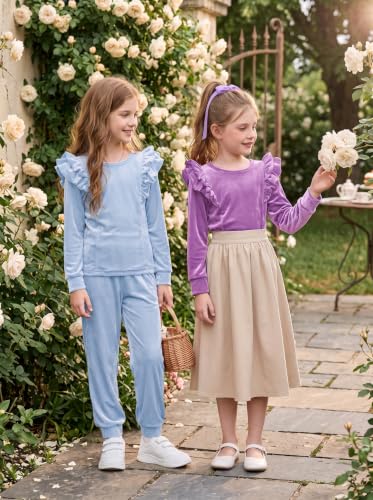 Image of Arshiner Girls 2 Piece Outfits Velour Tracksuit Ruffle Sweatshirt Sweatpant | Cute Clothes, Sweatsuit, Long Sleeve Pullover, Fall Winter Clothing Sets, for 3-10 Years