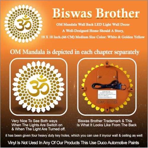 Image of BISWAS Brother OM Mandala Wall Back LED Light Wall Decor A Well-Designed Home Should A Story:18X18Size Color: Brown & Golden Yellow,White & Golden Yellow (White, 18x18 inch)