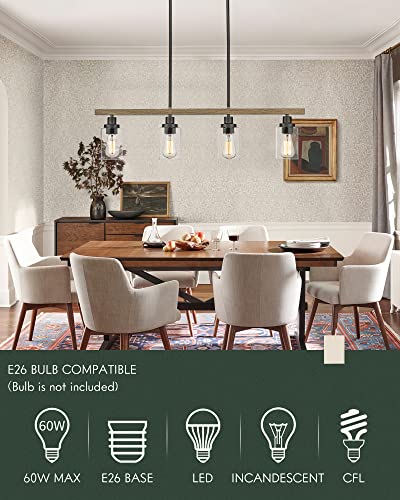 Cargifak 4-Light Kitchen Island Lighting, 36.6 Inch Farmhouse Linear Chandeliers, Pendant Light Fixture With Wood Grain Finish For Dining Room Pool Table, 4806-4P-Bk #TOP1