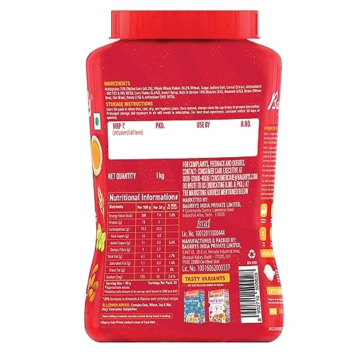 Image of Bagrry's Crunchy Muesli | 40% Fibre Rich Oats with Bran | 82% Multi Grains, Almonds, Raisins & Honey | Breakfast Cereal | Natural Muesli, 1000g Jar, Pack of 2