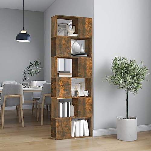 ULUYYUC Bibliothèque séparateur de pièce en bois de chêne fumé 60 x 24 x 186 cm Armoire haute étroite avec 6 compartiments pour salon et cuisine comme...