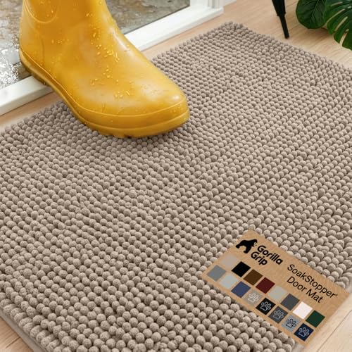 Image of GORILLA GRIP SoakSTOPPER Dog Door Mat, Machine Washable Rug Absorbent Doormat Captures Moisture Mud Dirt, Quick Dry Soft Chenille Entryway Rugs Indoor Entrance Mats for Dog Paws, 24x17 Beige