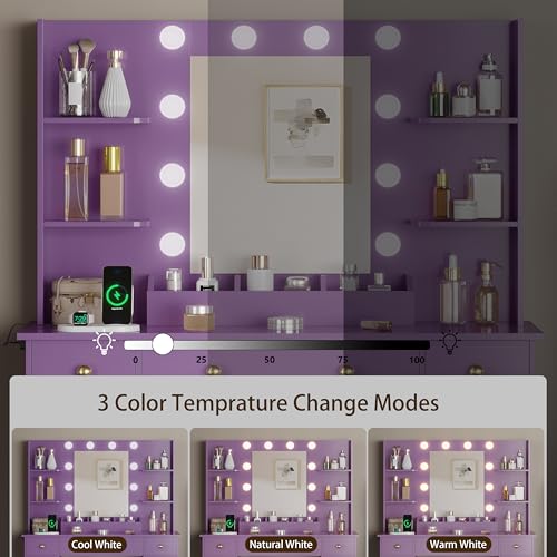 Image of HUANLEGO Vanity Desk with Mirror and Lights, Makeup Vanity with Mirror and LED Lights & Power Outlet, 3 Drawers and Cabinets, 3 Lighting Modes Dressing Table Set for Girls Women Bedroom,Purple