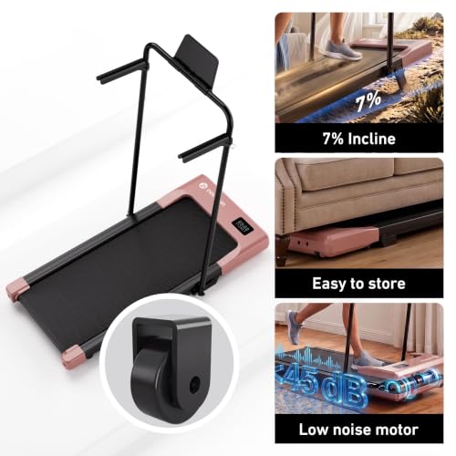 Image of DeerRun Walking Pad Treadmill, 7% Incline Foldable Treadmill with Handlebar | Quiet Under Desk Treadmill with Handlebar, 2.5HP & 3.8MPH, 300 lbs Capacity for Home Office Walking with App