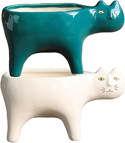 Miniatura 1 de 123Arts Maceta de cerámica con forma de gato, 2 piezas, maceta suculenta, adorno