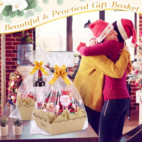Image of Fuyoooo 8 Pack Kraft Baskets for Gifts Empty to Fill, Sturdy 10 inch x 12 inch Scalloped Edged Empty Gift Basket Kit Bulk with Handles, 8 Wrap Bags, 16 Tissue Paper and 8 Bows for Wedding Party
