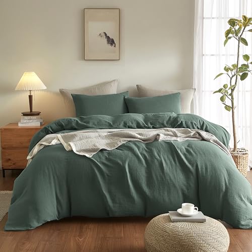 SE SOFTEXLY Muslin Duvet Cover King Size, 100% Washed Cotton Duvet Cover Set, Ultra Soft Comforter Cover Linen Like, 3 Pieces Minimalist Gauze Duvet Cover with 2 Pillowcases, 90"x104", Forest Green