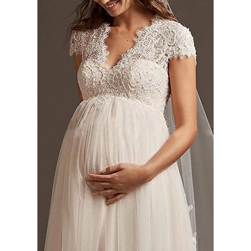 Abito da sposa premaman a vita alta Plus Size Abito da sposa bianco senza maniche con strascico