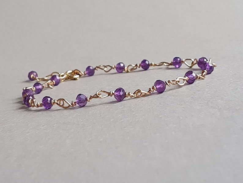 LKBEADS Amethyst bracelet, rondelle 4mm faceted 6inch Sterling Silver Stacking Beaded Bracelet, Simple Layering, Dainty Gemstone Bracelet, Fine Jewelry, Minimalist,