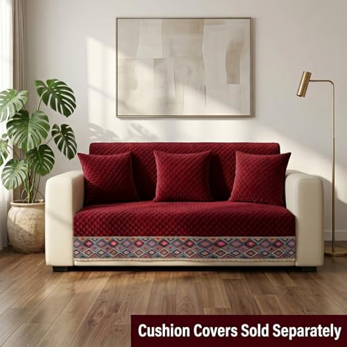 Image of KINGLY Sofa Cover 4 Seater Fully Covered | Stretchable Anti-Slip Slipcover | Washable Furniture Protector | Maroon | Seat & Back | Set of 2Pc