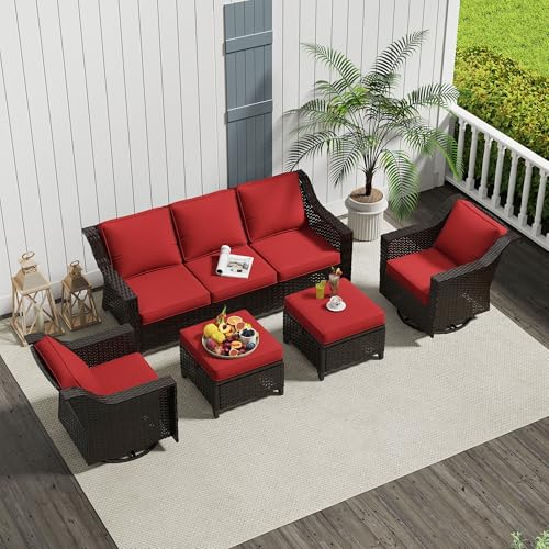 Image of 5 Piece Patio Furniture Set, Wicker Outdoor Conversation Set | Patio Chair Set with Olefin Removable Cushion, All-Weather Outdoor Couch with Deep Seat for Porch, Deck and Backyard, Red