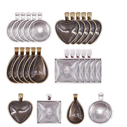 Deolven Ensemble Cabochons,24 Pack Plateaux Supports Pendentif Rond avec Cabochons en Verre 24 Pack Transparent Dome pour Fabrication de Bijoux de Bricolage Colliers Photos Rondes Carrés Cœur Larme Cover