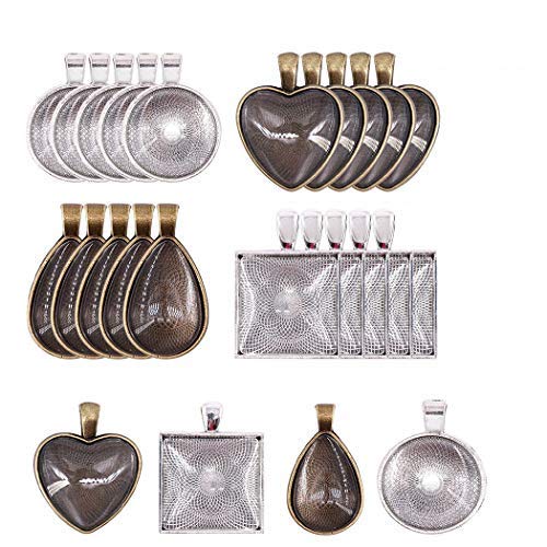 Deolven Pendant Trays,24 Pack Blank Bezel Pendants with 24 Pack Cabochons Glass Dome for Crafting DIY Jewelry Making Necklace Photos Round+Square+Heart+Teardrop Shapes