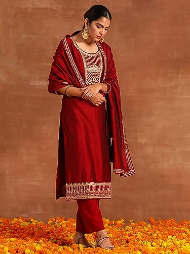 Image of INDO ERA Women's Polyester Maroon Embroidered Straight Kurta Trouser with Dupatta Set