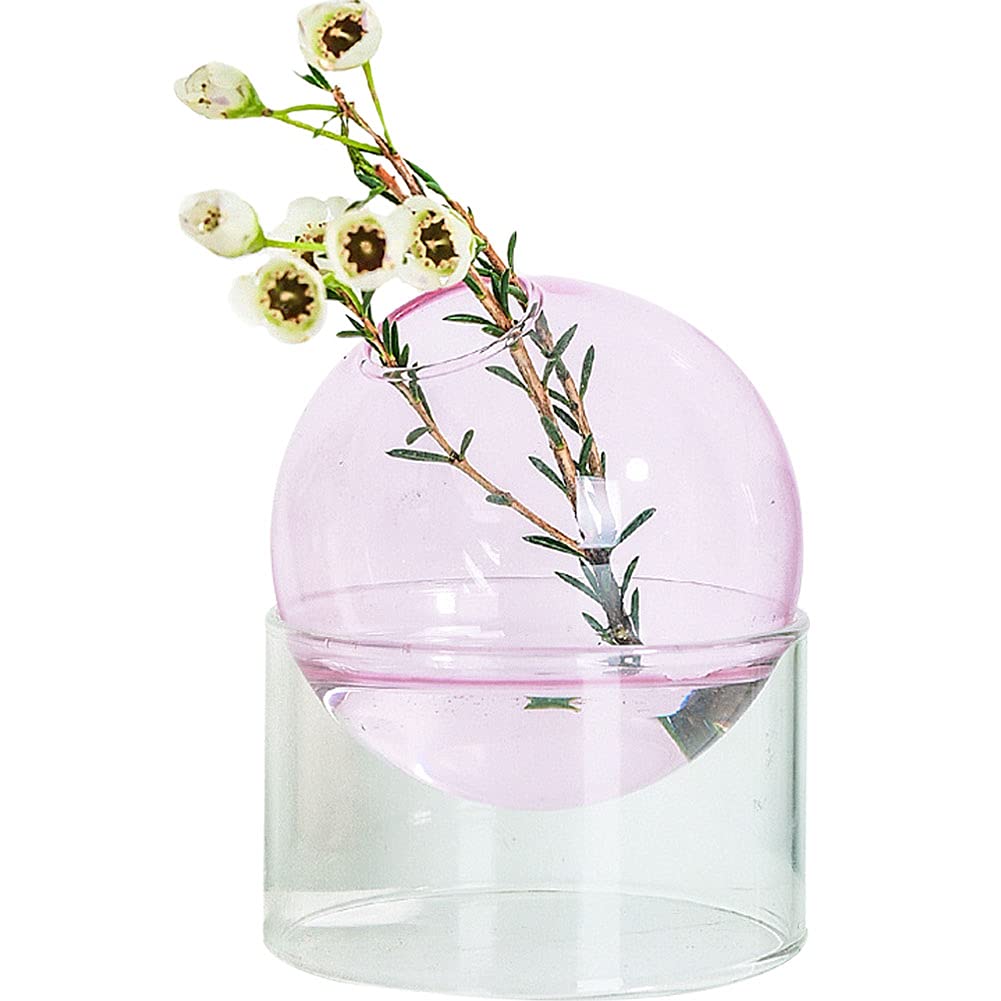 WAYUTO Clear Glass Bubble Vase Rotatable Hydroponic Plants Vases Container Round Floral Dry Flower Bud Vase Modern Minimalist Home Decor Centerpieces Ornament for Living Room Wedding Pink