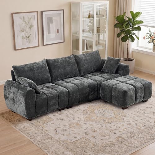 Image of 112 inch L Shaped Modular Sectional Sofa, Grey Chenille Cloud Couch, Modern Upholstered 4 Seater Couch with Removable Ottoman, Tufted Deep Seat & Wood Legs, Sectional Couches for Living Room Apartment