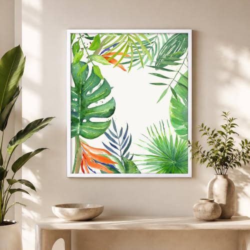 Image of PAINTINGMANTRA Tropical Green Leaves Framed Canvas Wall Art Painting for wall decoration | Botanical Leaf Nature Inspired Painting for Living Room, Bedroom and Office, 11x13 Inch