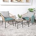 Yangming 3 Piece Patio Furniture Outdoor Conversation Bistro Set with Tempered Coffee Table and Wicker Chairs for Garden Balcony Backyard Yard Poolside, Green