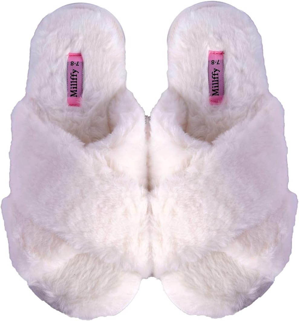 Millffyfuzzy fluffy open toe slippers for summer warm comfy flip flop slippers for women slip on