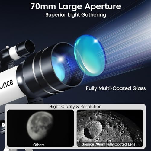 Image of Sounce 70mm Astronomical and Sky Refractor Telescope with 150x Ultra Zoom Fully Coated Glass Optics Alt Az Mount compatible with 70mm Professionals to Explore Moon Planets Star Deep Sky Objects(Black)