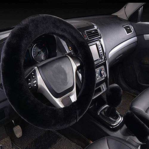 WenMei Fluffy Steering Wheel Cover for Women,Fuzzy Steering Wheel Cover with Handbrake Cover Gear Shift Cover Winter Faux Wool Car Steering Wheel Protector Furry Wheel Cover Fit 15" 1 Set 3 Pcs(black)