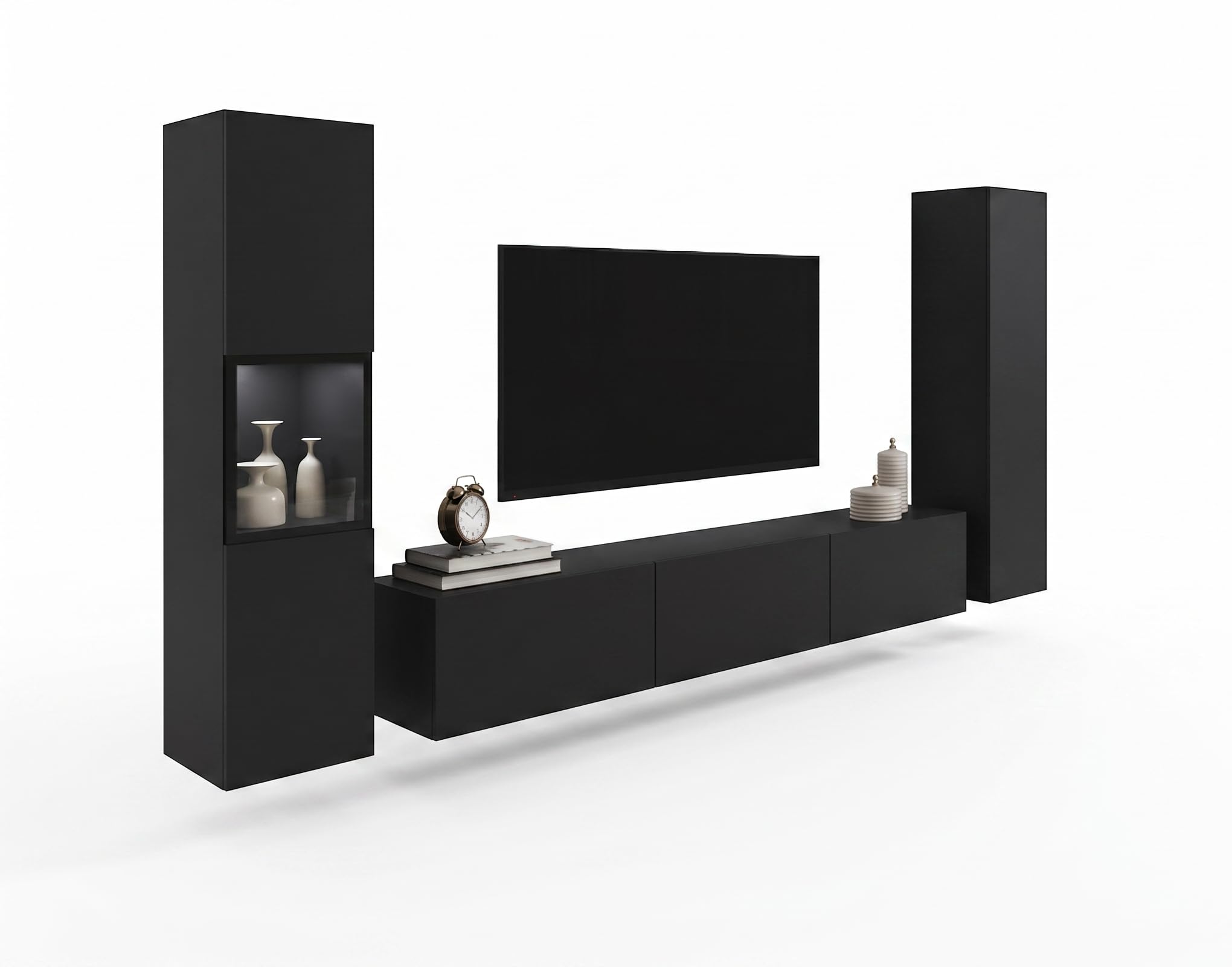 MINIO go for it - Wohnwand BRELA 3, 3-Teilig Set Wohnzimmermöbel mit LED | Hängend oder Stehend, Vitrine, Lowboard, Wandboard, Farbe: Schwarz matt - mit LED Beleuchtung