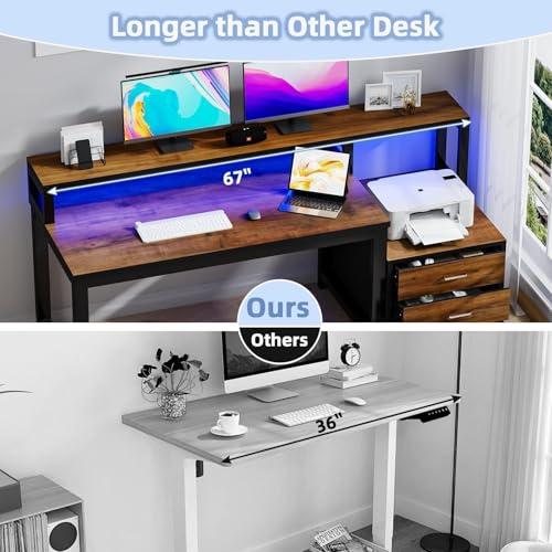 Image of MaverickFurni 67'' Computer Desk with 3 Drawers, Home Office Desk with Printer Shelf and Monitor Stand, Gaming Desk with LED Lights, Black and Walnut