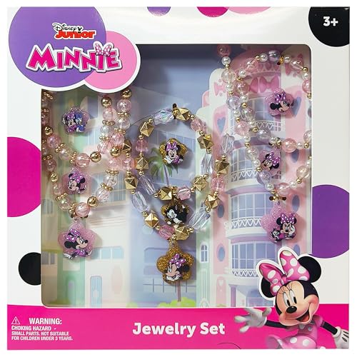 LUV HER Disney Minnie Girls Jewelry Set - Dress up Toy Jewelry Box Sets with Bead Necklace, Bead Bracelet and Ring - Play Accessories - Ages 3+