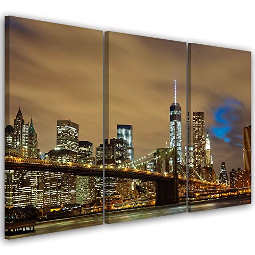 Feeby 3 pièces Tableau déco mural 60x40 cm NY Pont de Brooklyn USA Image décoration Murale Design Chambre d'enfant Ligne d'horizon Ville de New York...