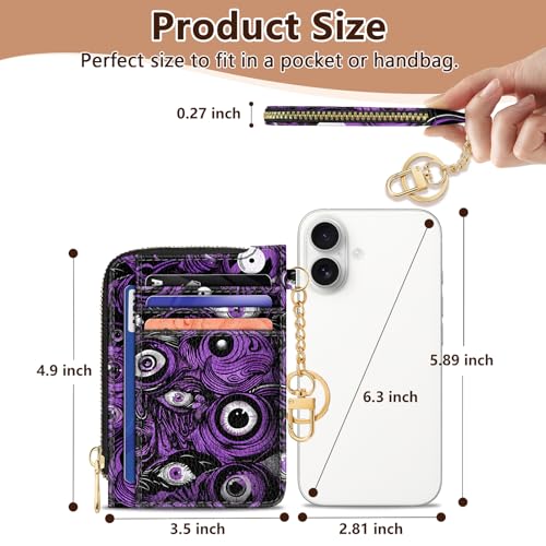 Image of GIANCOMICS Slim Wallet Credit Card Holder Women, Evil Eye Rfid Blocking Small Card Case, Keychain Thin Pocket Curved Zipper Wallet, Travel Card Holder PU Leather ID Window, Ladies Female Gifts