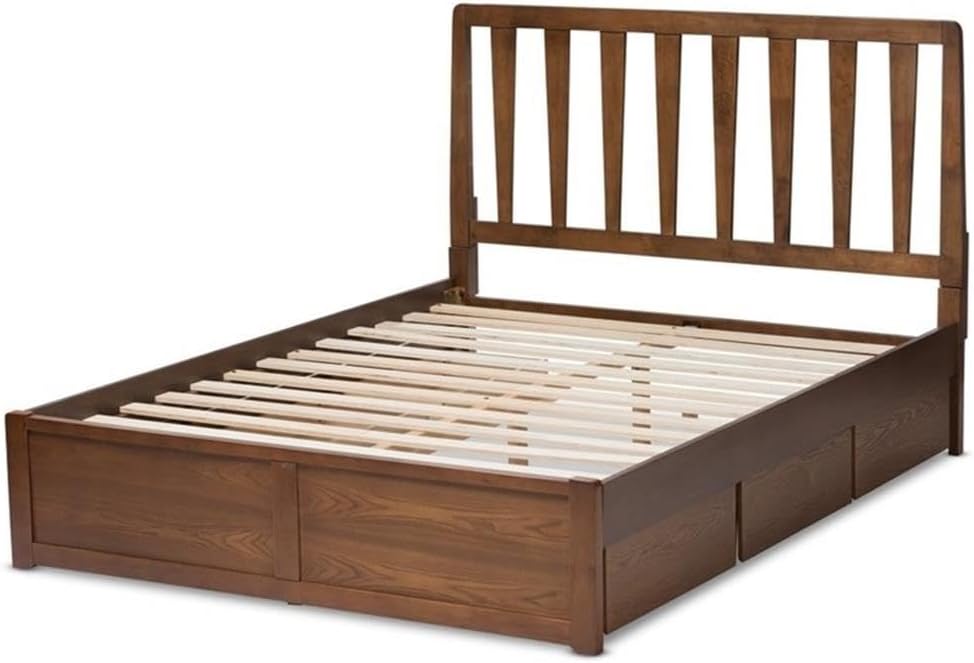 BOWERY HILL Modern Wood Queen Spindle Storage Platform Bed, Walnut Brown Finish, 64.41" W x 84.25" D, 6-Drawer Design, Vertical Slat Headboard, Sturdy Bedroom Furniture for Extra Linen and Clothing
