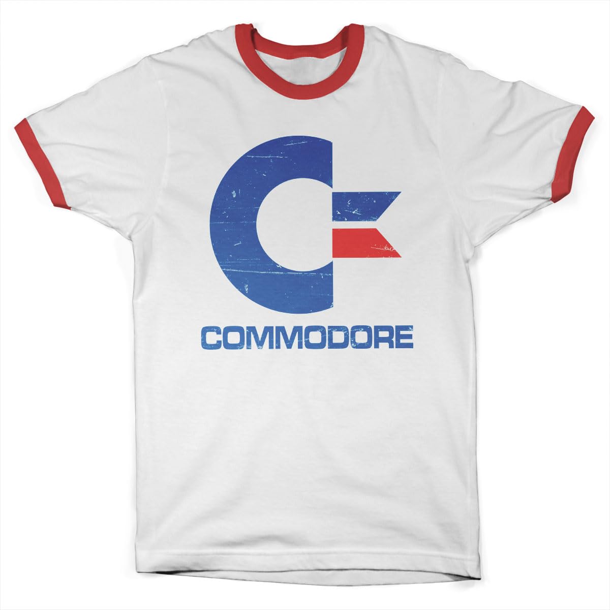 Commodore 64 Unisex White-Red Officially Licensed Commodore Vintage Logo Ringer Mens T-Shirt (White-Red), Medium