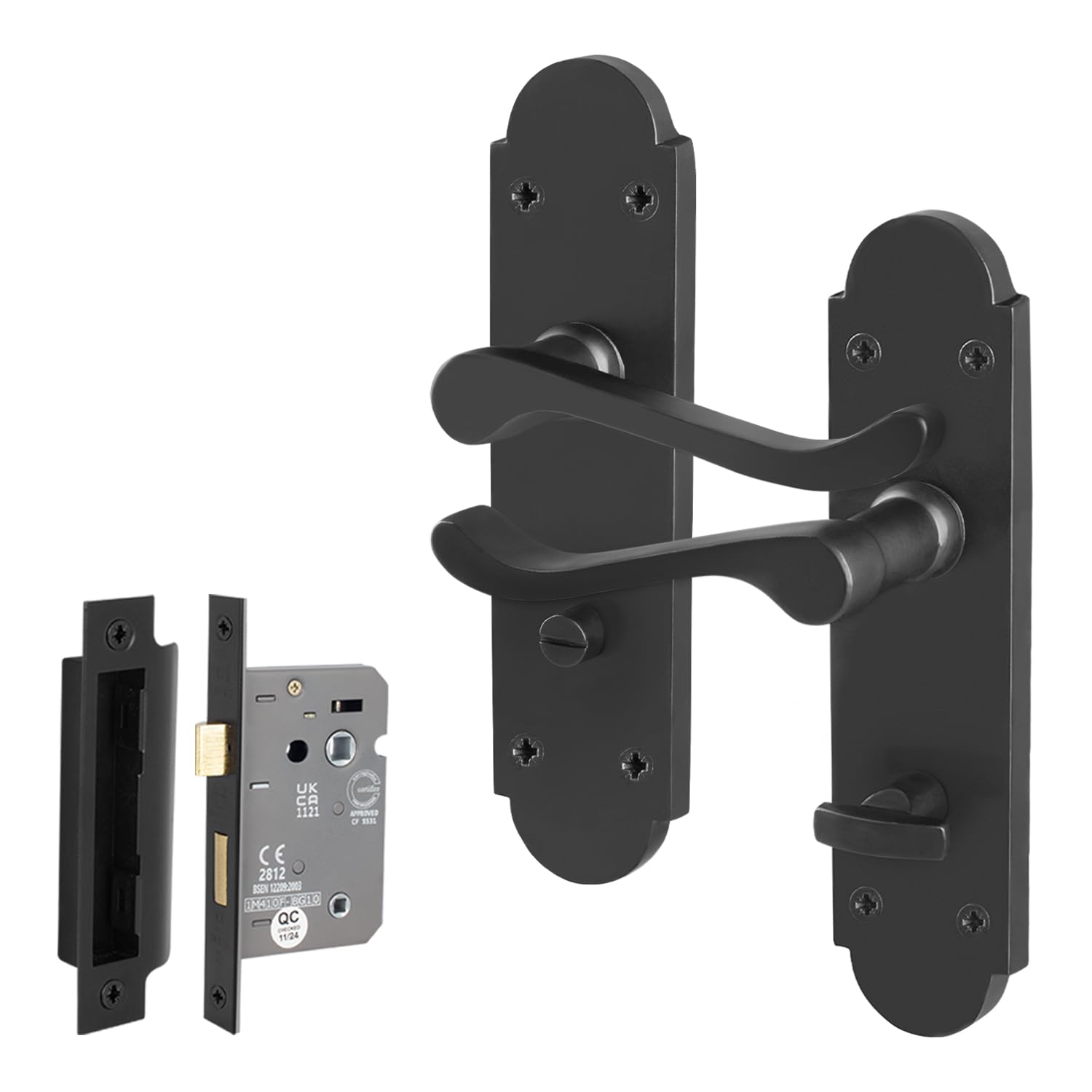 EAI Matt Black Door Handles with Bathroom Lock 64mm - Victorian Scroll