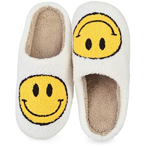 MoneRffi Smiley Face Slippers, Retro Comfy Winter Shoes Warm Plush House Slippers for Women Men, Couples Novelty Soft Lightweight Indoor Outdoor Slippers Anti-slip Sole Cover