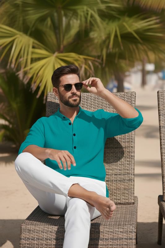 Image of Men's Cotton Blend Short Kurta with Collared Neck Full Sleeves Solid Pattern Western Style Regular Fit and Standard Length