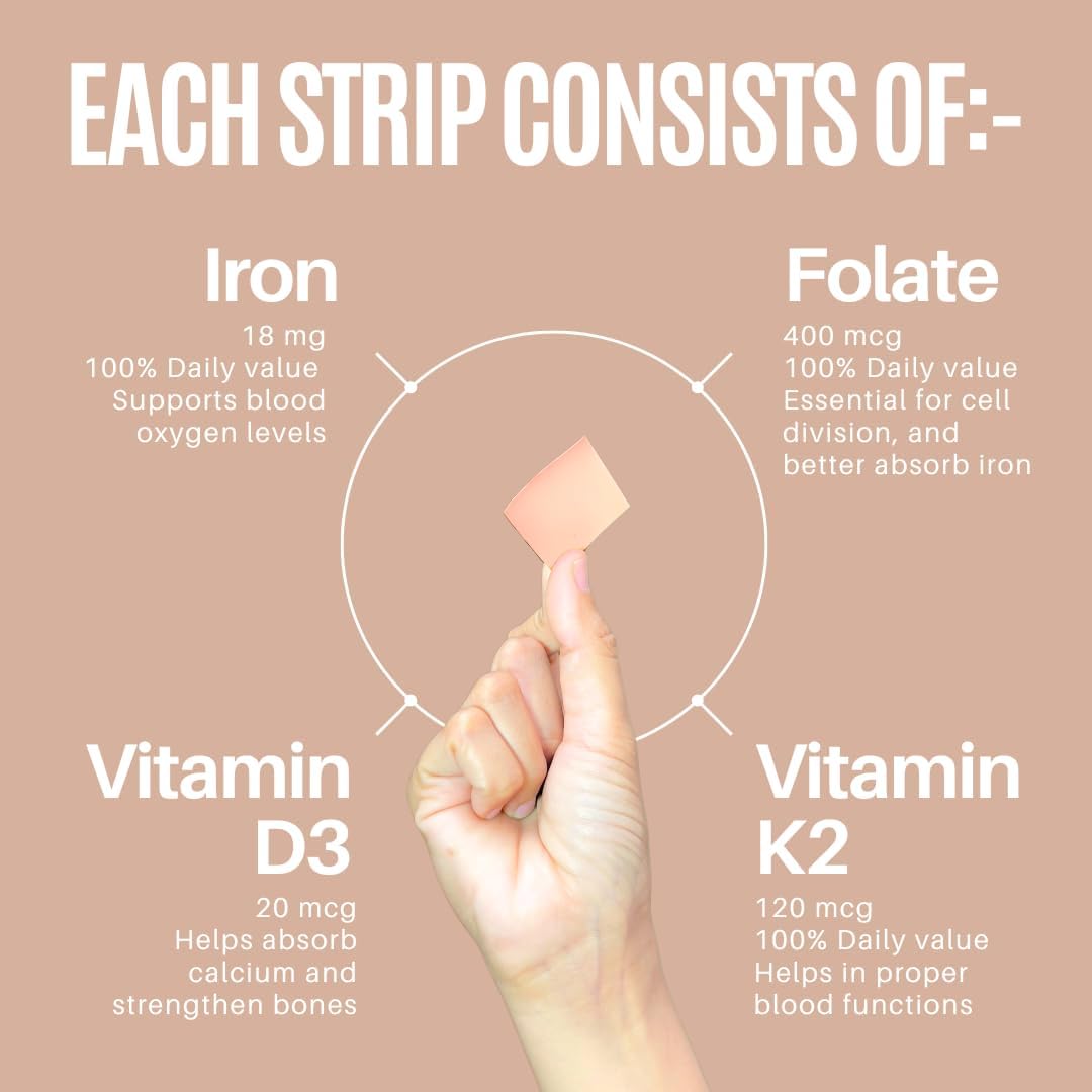 NutriHugs Blood and Bone Support - Iron, Folate, Vitamin D3 and K2 - Fast-Dissolving Oral Thin Film Strips - Non-Constipating Iron - Vegan, Sugar-Free, Non-GMO - 30 Strips
