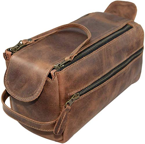 TUZECH Handmade Buffalo Genuine Leather Toiletry Bag Dopp Kit Shaving And Grooming Kit For Travel - Gift For Men Women - Hanging Zippered Makeup Bathroom Cosmetic Pouch (Dark Brown)